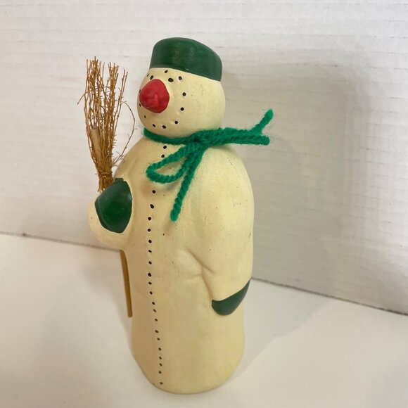 Vintage Snowman Figurine with Green Hat & Scarf Holding Broomstick - Rustic Wint - Picture 4 of 10